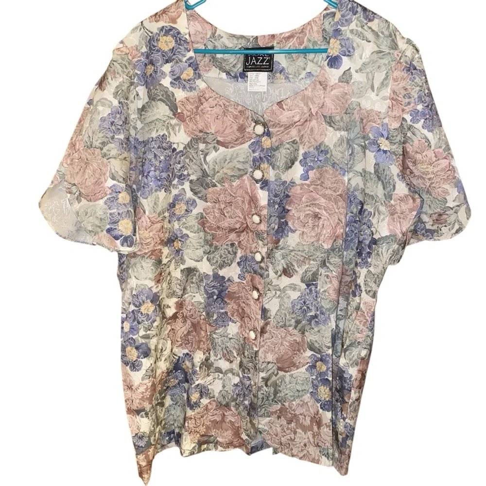 Vintage More Jazz flowered button up top. SZ 22W - Picture 1 of 7